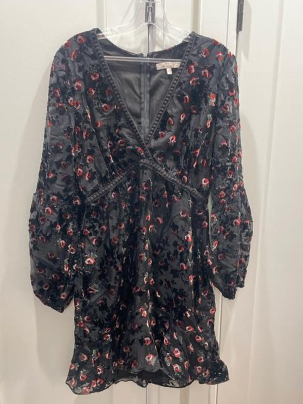 Black and red floral velvet dress with a V-neck